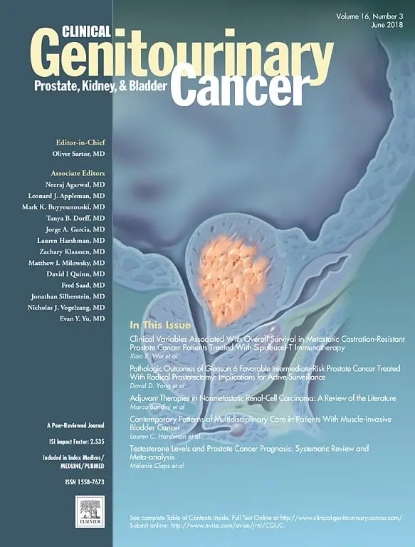 Cover of "Clinical Genitourinary Cancer" journal, June 2018. Features a medical image of a kidney on a blue background. Highlights editors and articles, including topics like prostate cancer, renal-cell carcinoma, and pain management in NYC for muscle-invasive urothelial carcinoma.