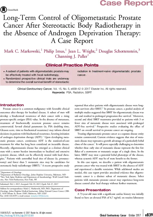 Academic article titled "Long-Term Control of Oligometastatic Prostate Cancer After Stereotactic Body Radiotherapy in the Absence of Androgen Deprivation Therapy: A Case Report," exploring innovative approaches akin to advanced physical therapy NYC, with sections for clinical practice points and introduction.