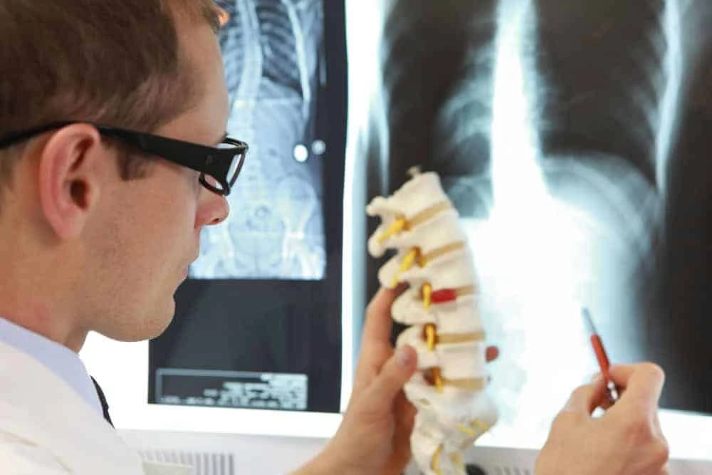 A doctor wearing glasses examines a spine model in front of an X-ray display showing a chest X-ray. Holding a pen, he points at the model, possibly assessing spinal alignment as part of pain management NYC strategies.