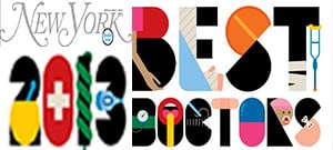 Stylized "New York 2013 Best Doctors" text with medical-themed graphics, including a stethoscope, crutch, and pill, cleverly highlights expertise in pain management and physical therapy NYC within the word “BEST DOCTORS.”.