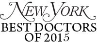 Text logo reading "NEW YORK BEST DOCTORS OF 2015" in a stylized serif font, celebrating top experts in physical therapy NYC and pain management NYC.